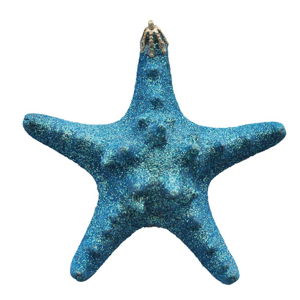 Large Blue Bumpy Starfish Glitter Ornament Coastal Christmas Decor Made In California