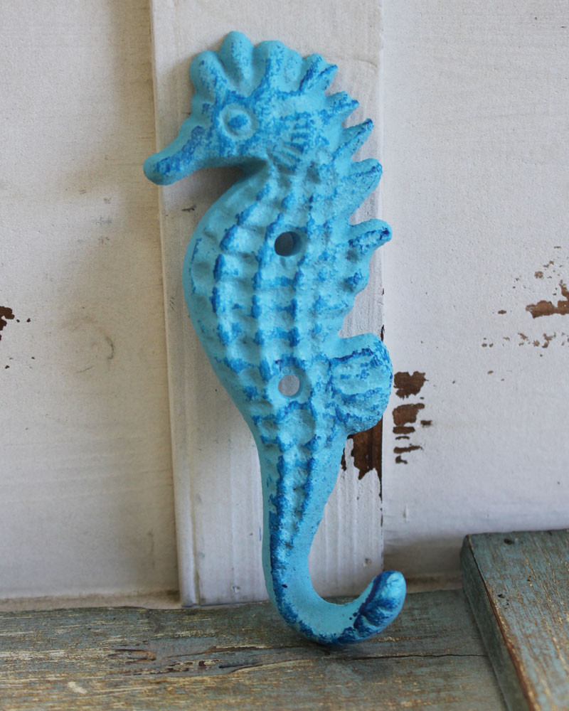 Blue Five Seahorse Cast Iron Wall Hook Coastal Key Ring or Towel