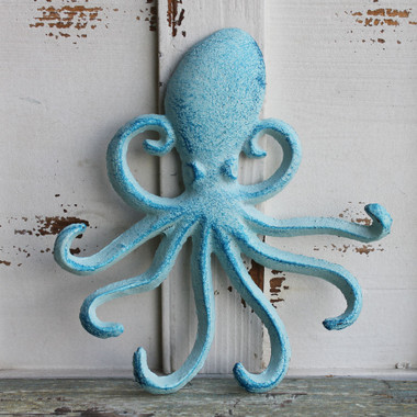 Blue Octopus Iron Wall Hook - Nautical Key Ring or Towel Hanger -  California Seashell Co