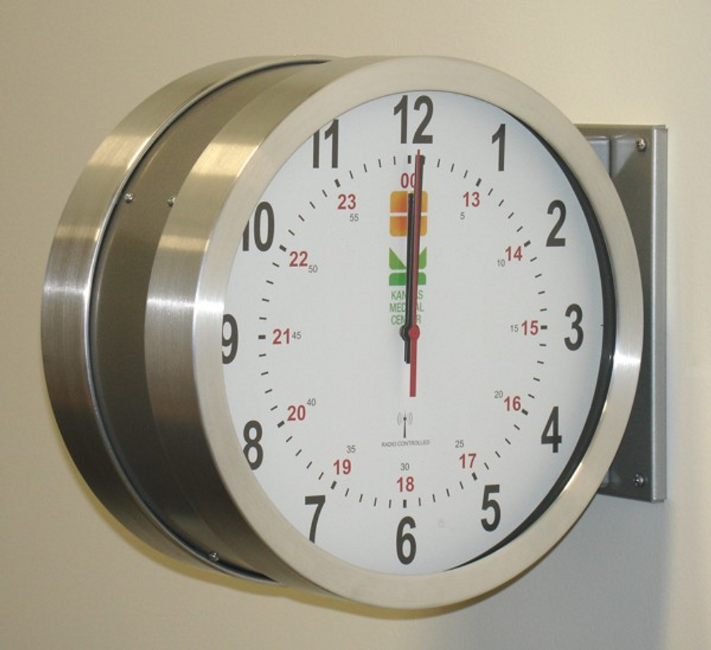 DuraTime 12" Double Sided Brushed Aluminum Analog Clock, Battery Operated.
Available in 12" and 15" diameter.
Contact us for advice and prices.