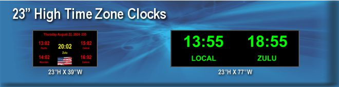 23" high time zone clocks.