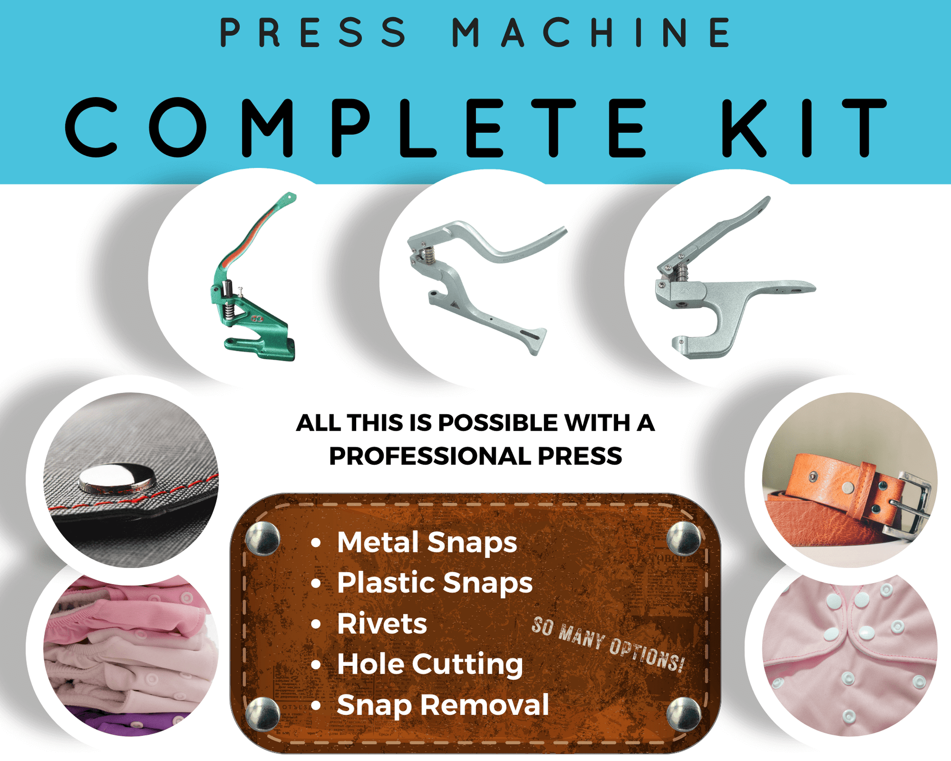 COMPLETE Kit for Plastic Snaps + Metal Snaps + Rivets