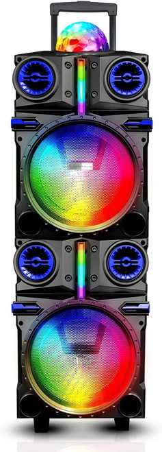 Top Tech Audio Spark-208 Bluetooth Speaker | Dual 8 Inch LED Rechargeable Wireless Portable Speaker Sound System with Microphone and Disco Ball | Includes Handle & Wheels for Easy Transport