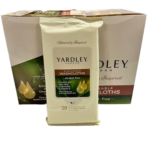 Yardley Disposable Alcohol-Free Washcloths (18 Pre-moistened Large Wipes) Enriched with Aloe, Chamomile & Vitamin E