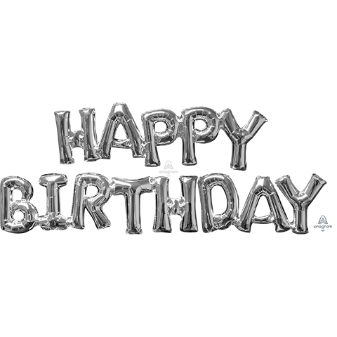 Block Phrase Happy Birthday Silver Foil Balloon Anagram 1ct