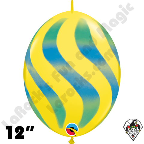 12 Inch Quick Link Wavy Stripe Yellow with Green/Blue Stripe Balloon Qualatex 50ct