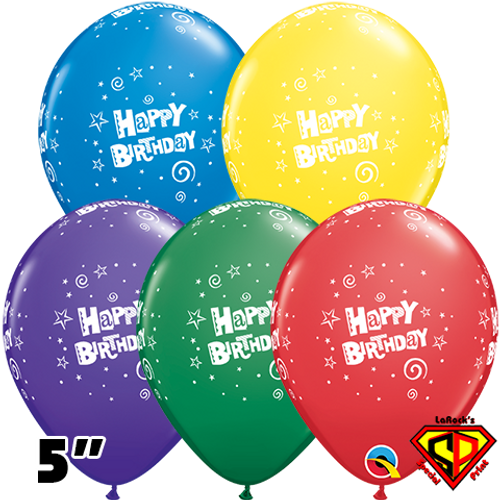 5 Inch Round Assortment Birthday Stars & Swirls Balloon Qualatex 100ct