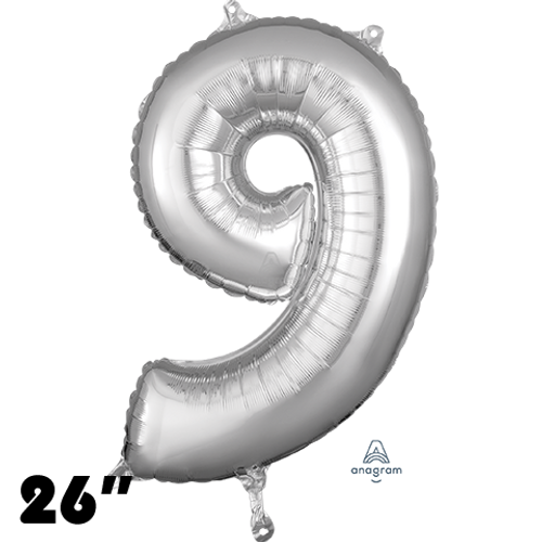 26 Inch Number 9 Silver Foil Balloon Anagram 1ct