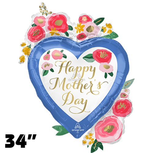 34 Inch Shape Happy Mother's Day Painted Florals Heart Foil Balloon Anagram 1ct