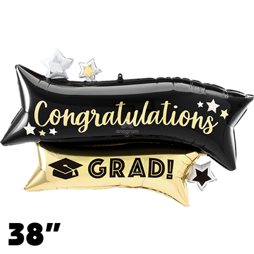38 Inch Shape Congratulations Grad Gold & Black Foil Balloon Anagram 1ct