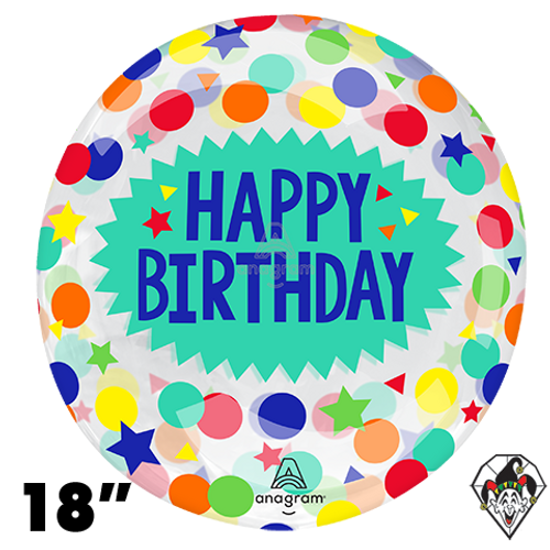 18 Inch Crystal Clearz Happy Birthday Dots & Stars Foil Balloon Anagram 1ct