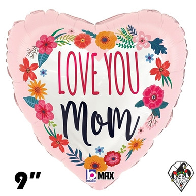 09 Inch Heart Satin Love You Mom Blossoms Foil Balloon Betallic 1ct