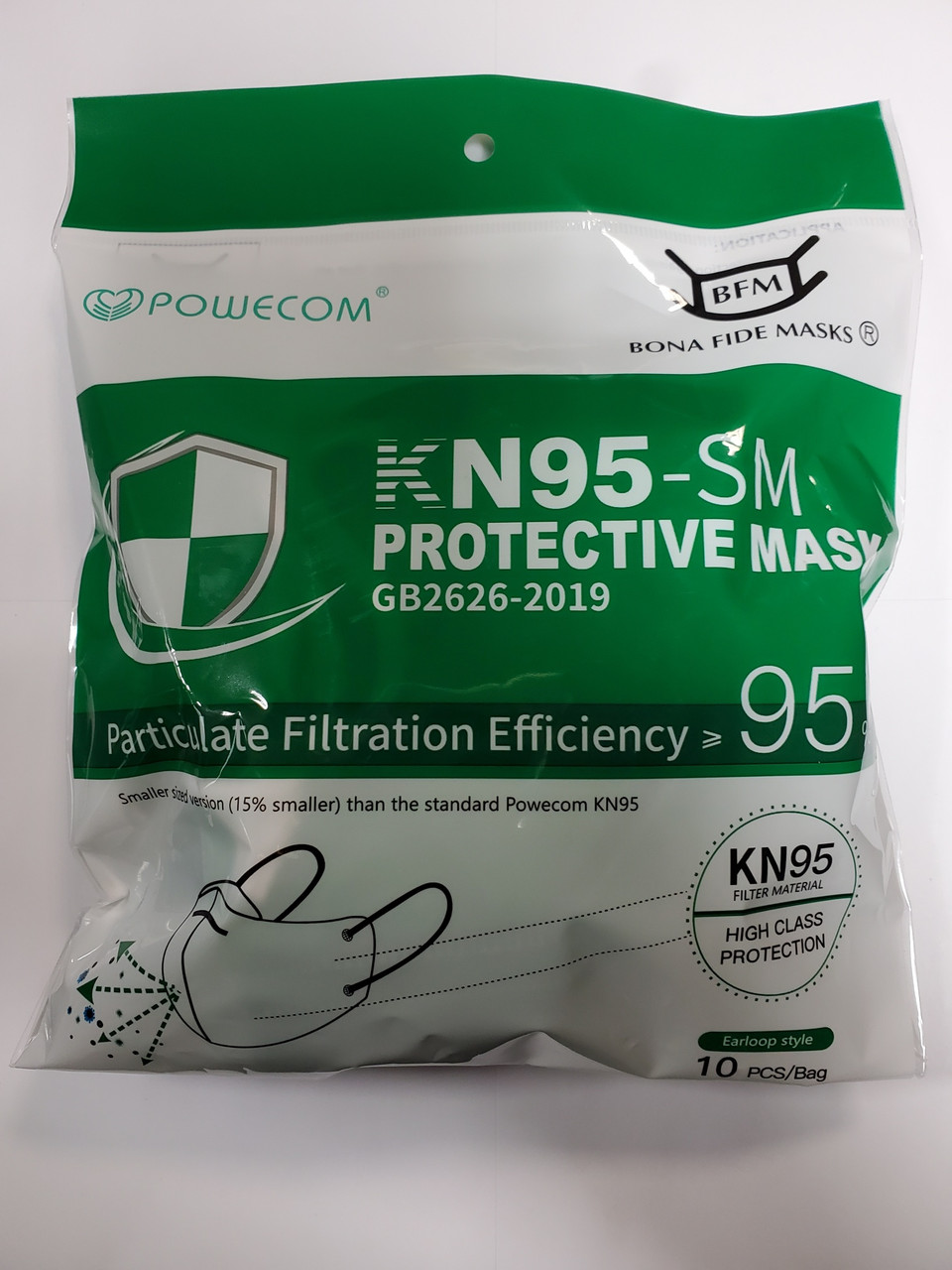 Green Powecom KN95 SM Respirator Mask for Kids - 10 Pack