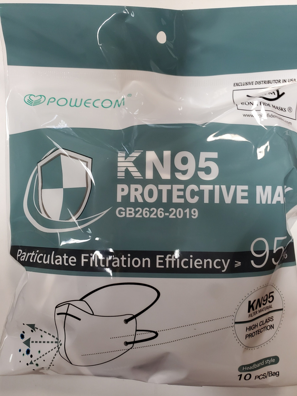 Powecom Black KN95 Headband Face Mask - GB2626-2019 Standard, Protective Respirator