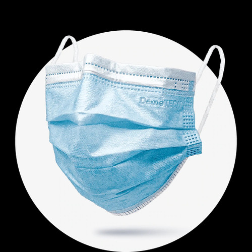 A close-up of a disposable blue 3-ply face mask