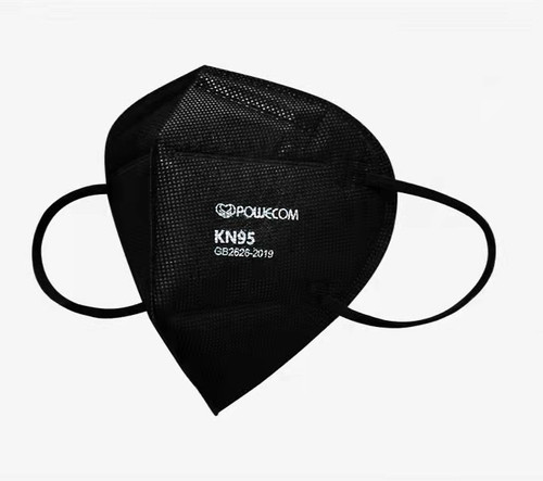 A close-up of a black Powecom KN95 face mask showing the multi-layer construction and adjustable nose clip.