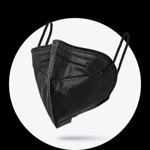 A close-up shot of the black Demetech D95 particulate respirator showing the five-layer construction and foldable design.