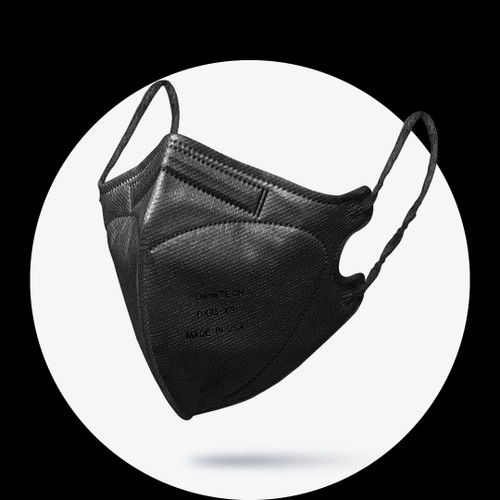 Close-up of a single black child-sized N95 mask, showing the ear loops.