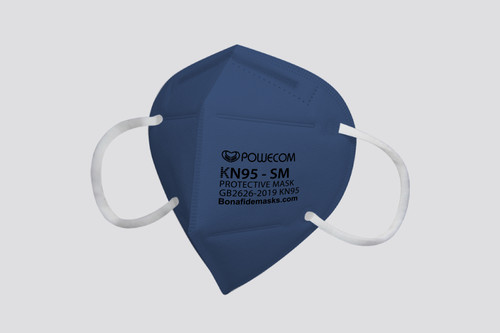 An angled shot of the denim blue Powecom KN95 mask, showing the pleats and form.