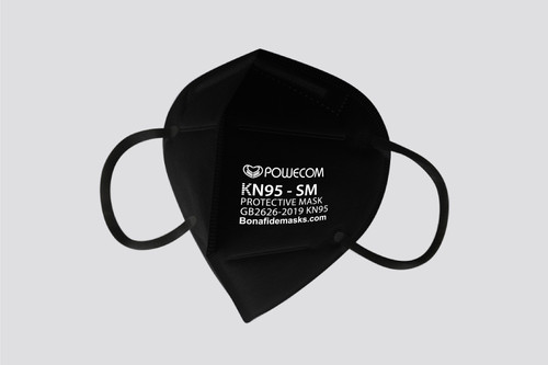 A close-up of a single black Powecom KN95-SM mask, showing its folded shape and material texture.
