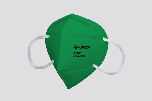 A close-up of a single green Powecom KN95 respirator face mask with ear loops.