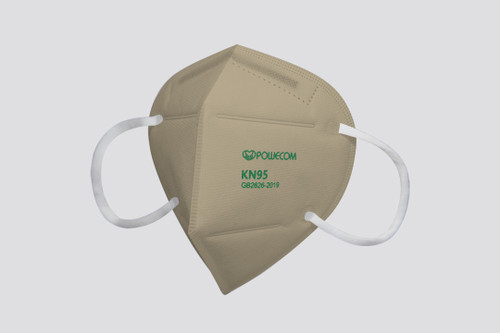 Close-up of the khaki Powecom KN95 mask material, highlighting its multi-layer construction.