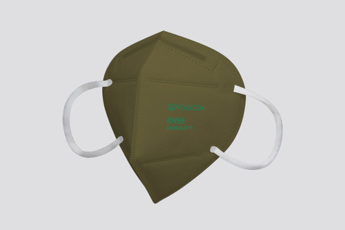 A close-up of a single olive-colored Powecom KN95 respirator mask with ear loops.