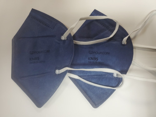 The headband straps of the Powecom KN95 denim blue mask for a comfortable fit.