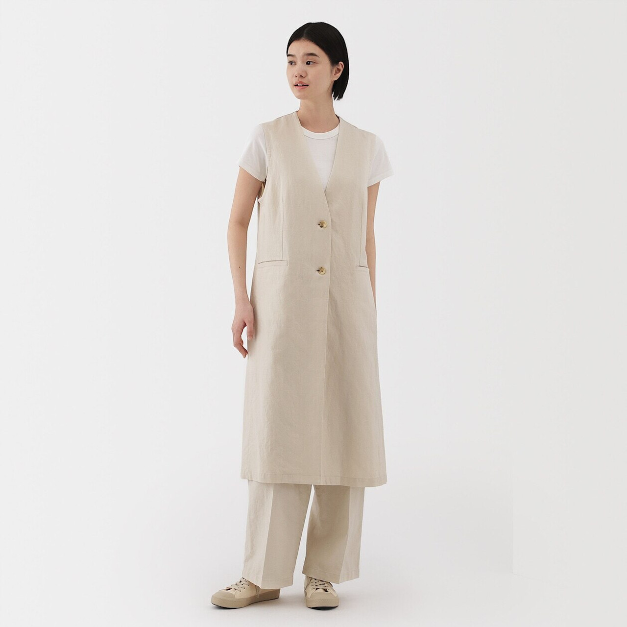 Women's Hemp Blend Twill Longline Waistcoat | MUJI