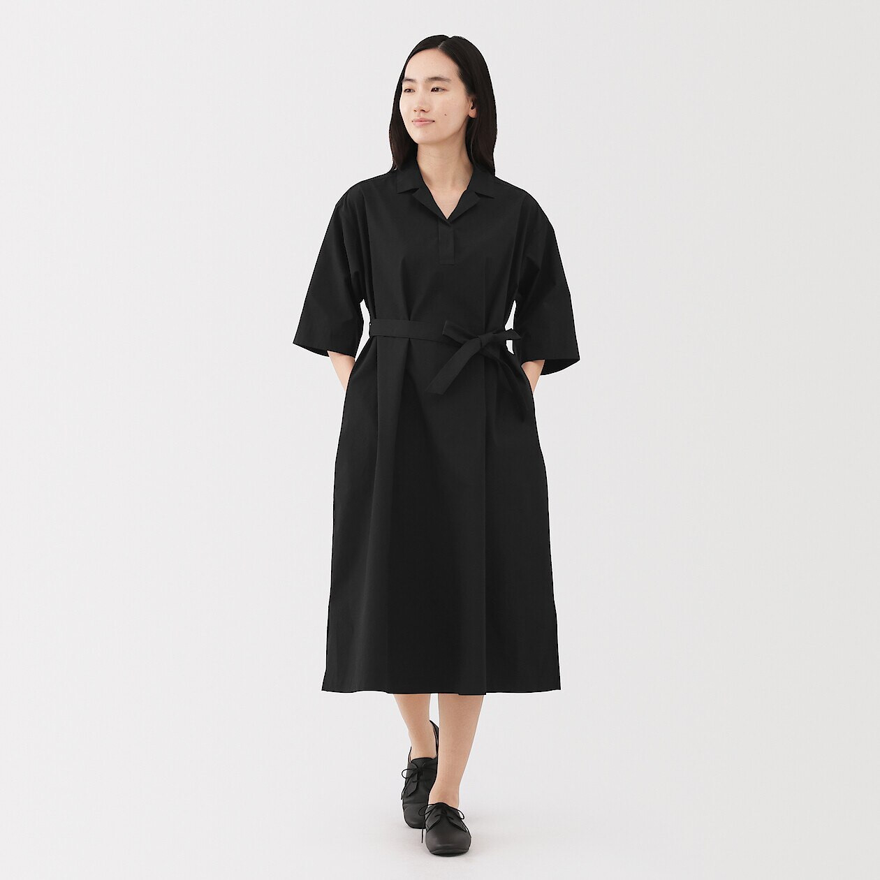 Women's Quick Dry Broad Cotton 3/4 Sleeve Shirt Dress MUJI