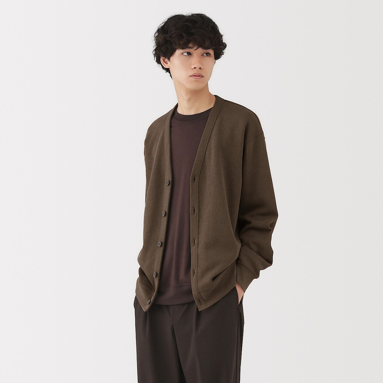 Men's Double‐Knitted V Neck Cardigan | MUJI