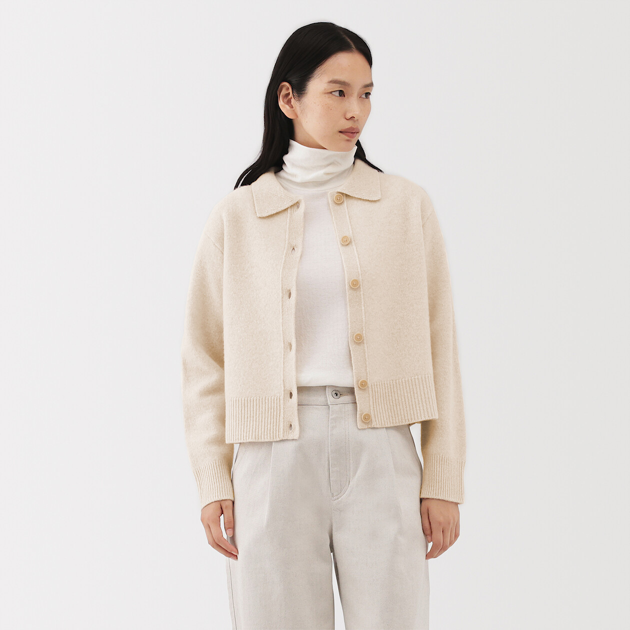 havehad Yak Wool Collar Knit M ベージュ Women's Yak and Wool Collar Cardigan | MUJI