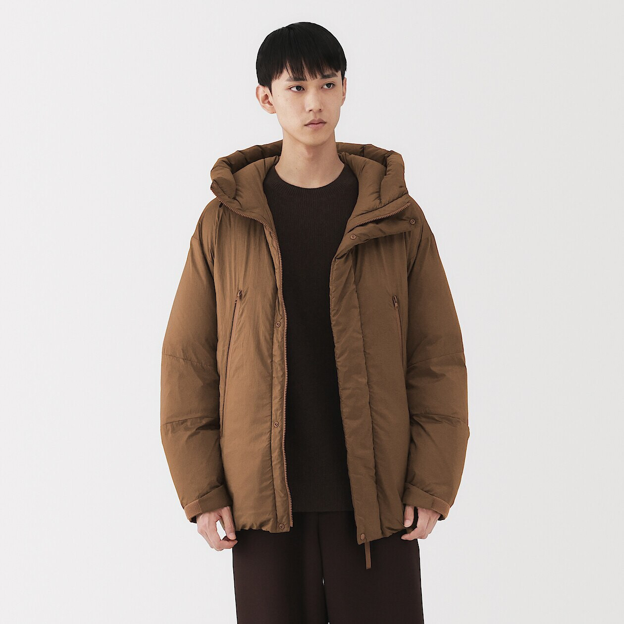 Men's Down Hooded Jacket – Mocha Brown | MUJI Men's Down Hooded Jacket – Mocha Brown | MUJI