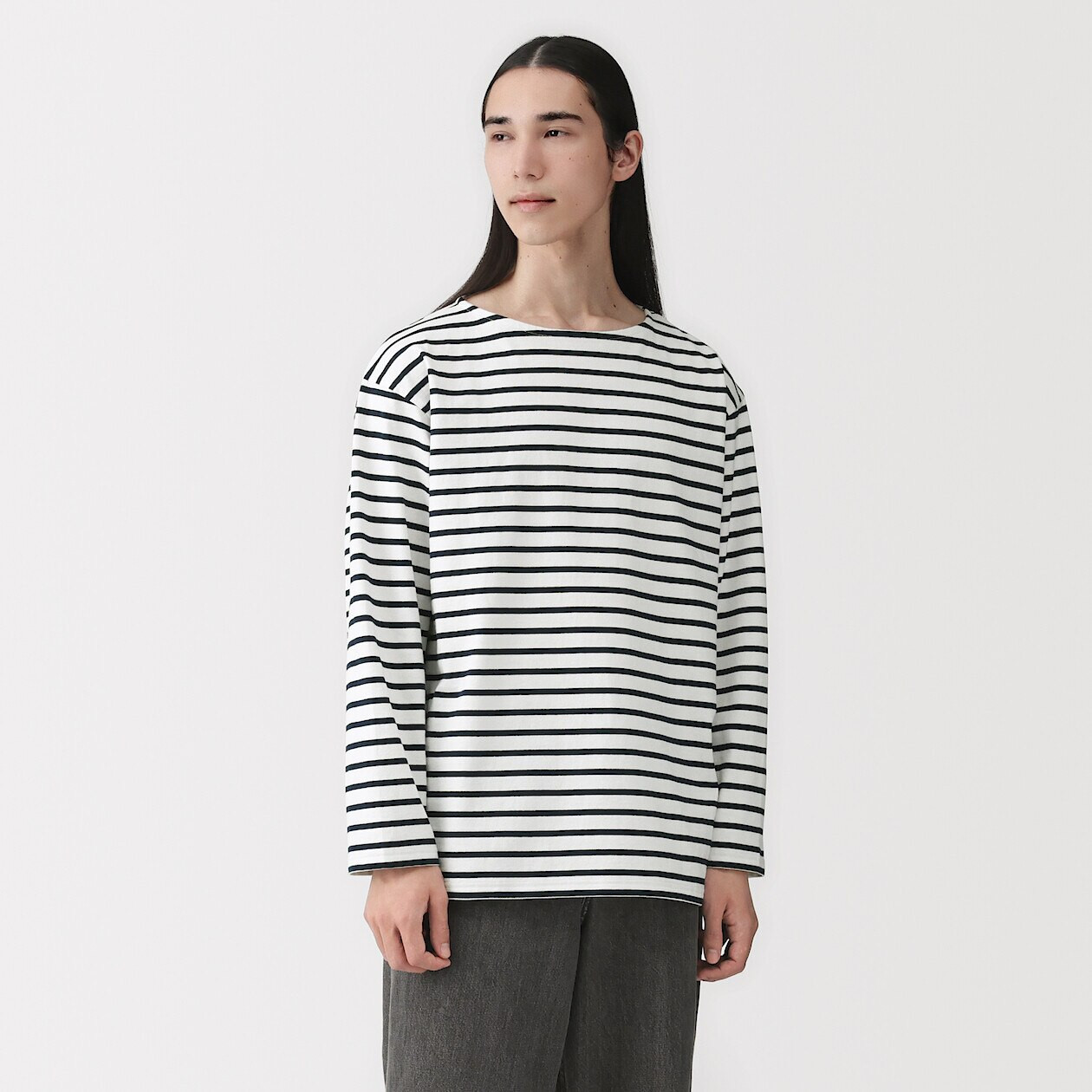 Men's Washed Thick Cotton Boat Neck Long Sleeve T-shirt | MUJI