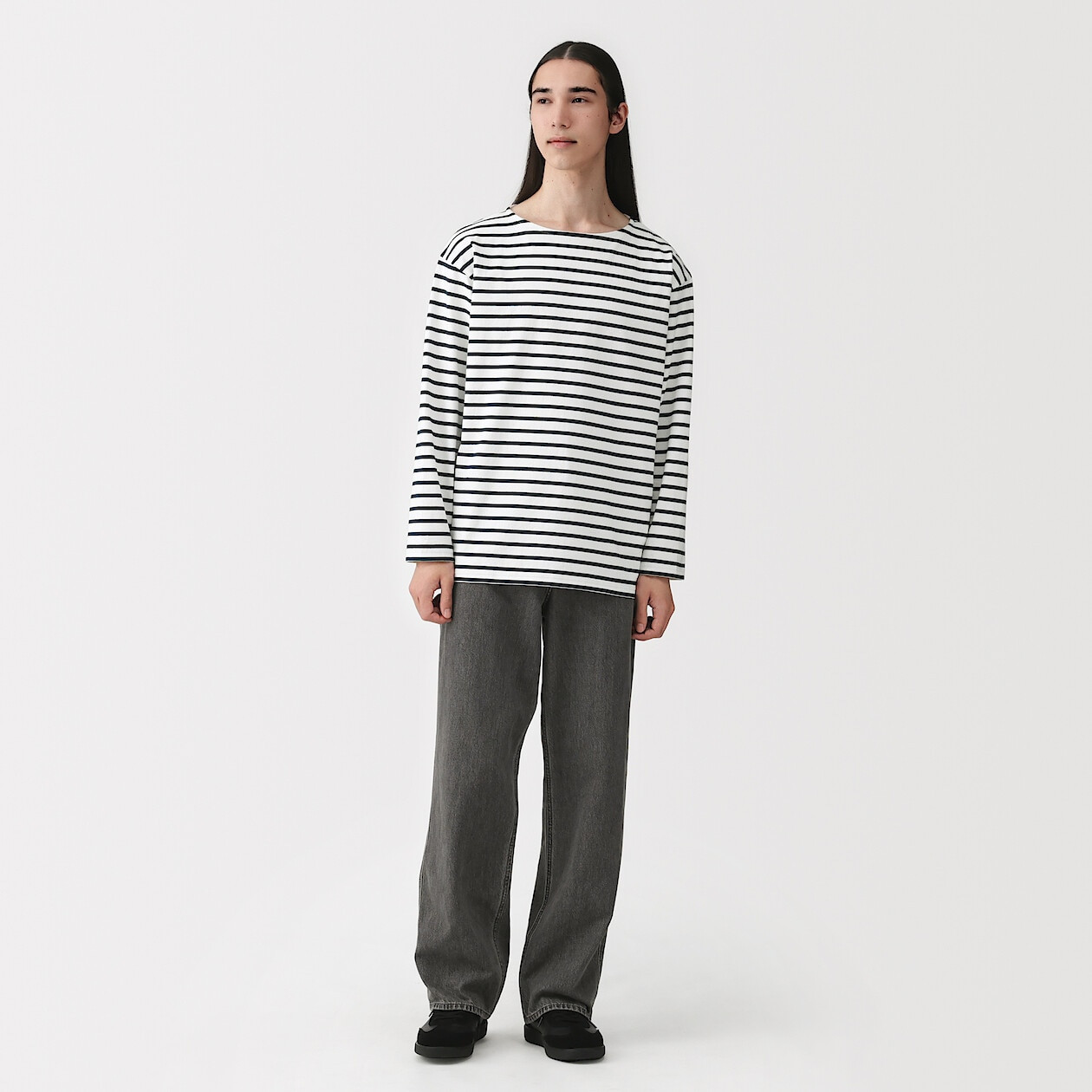 Men's Washed Thick Cotton Boat Neck Long Sleeve T-shirt | MUJI