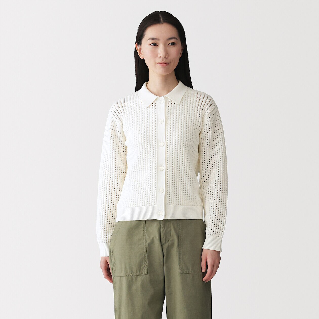 Women's Cotton Blend Knitted Mesh Collar Cardigan | MUJI