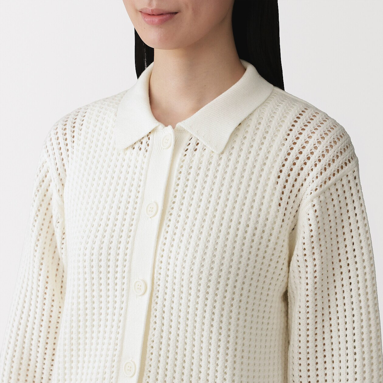 Women's Cotton Blend Knitted Mesh Collar Cardigan | MUJI