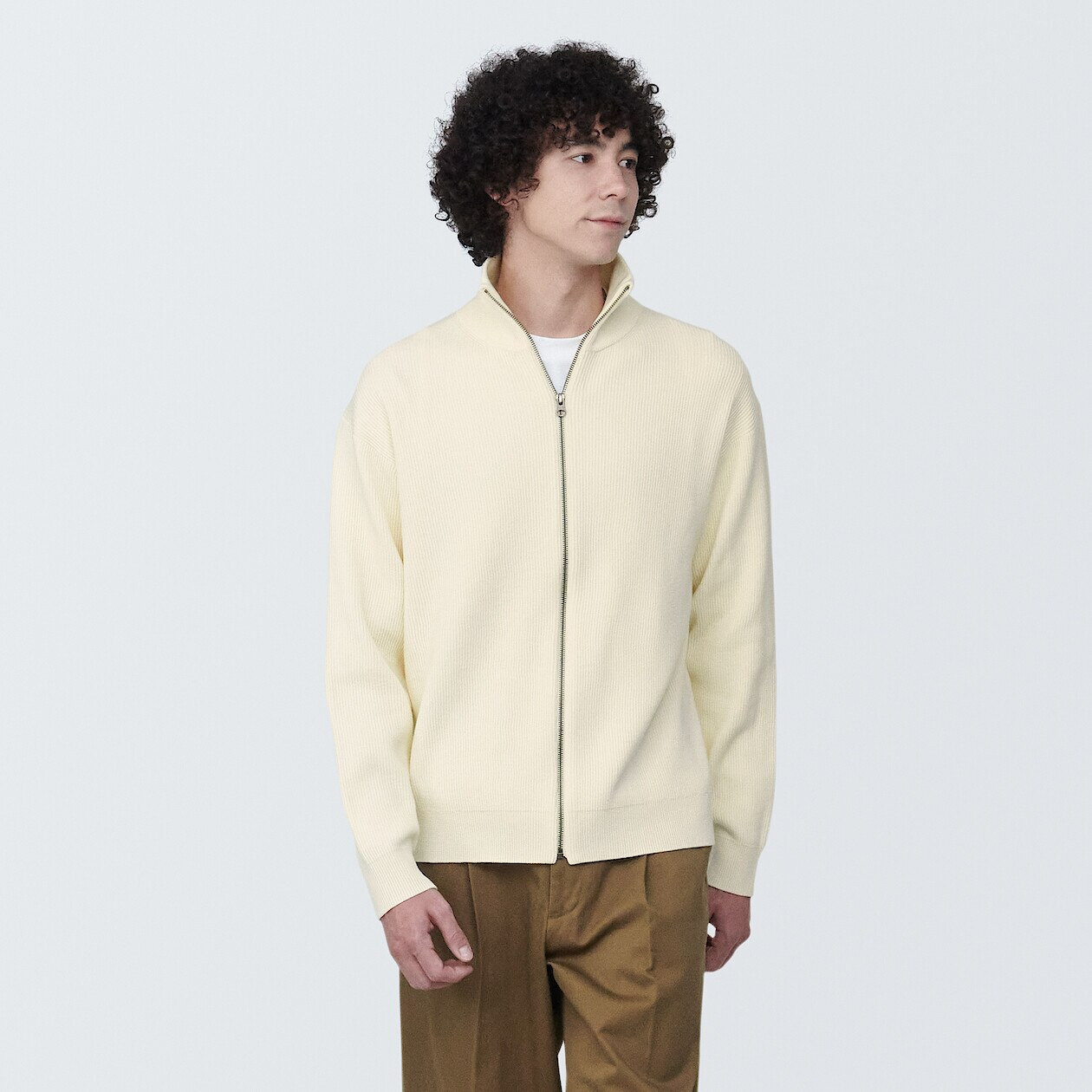 Men's Cotton Blend Rib Zip Through Funnel Neck Jumper | MUJI