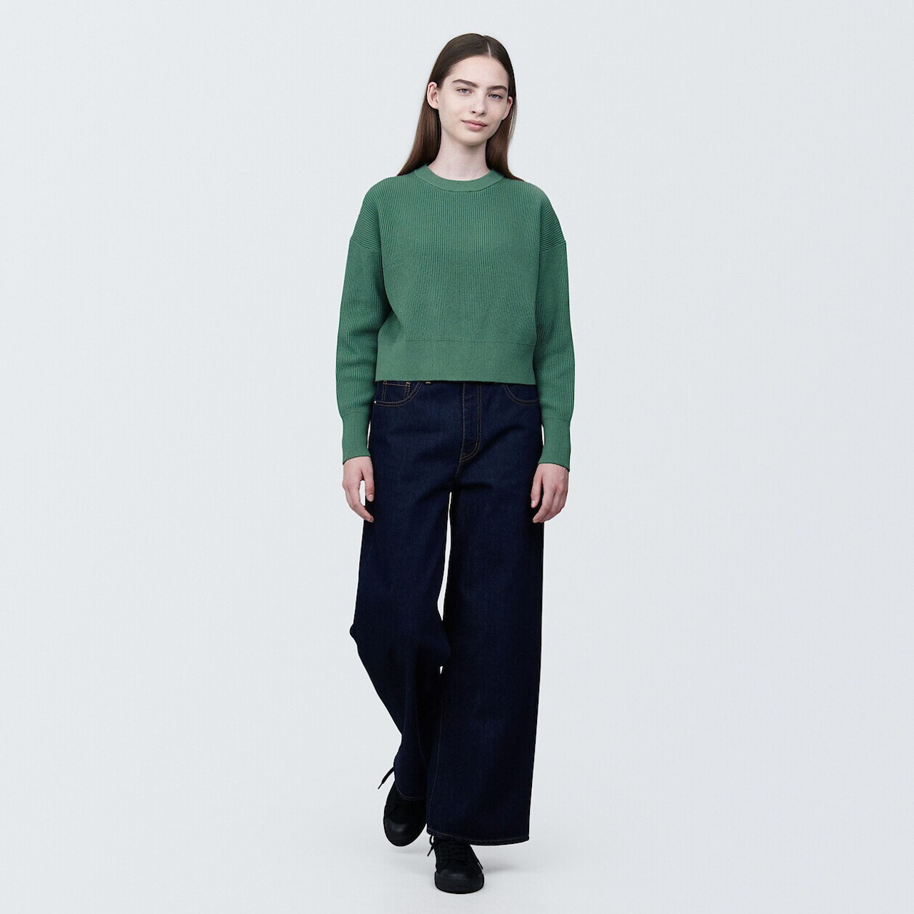 トップス Cloveru MUJI CREW25 PrepGreen XL Women's Cotton Blend Rib Cropped Crew Neck Jumper | MUJI