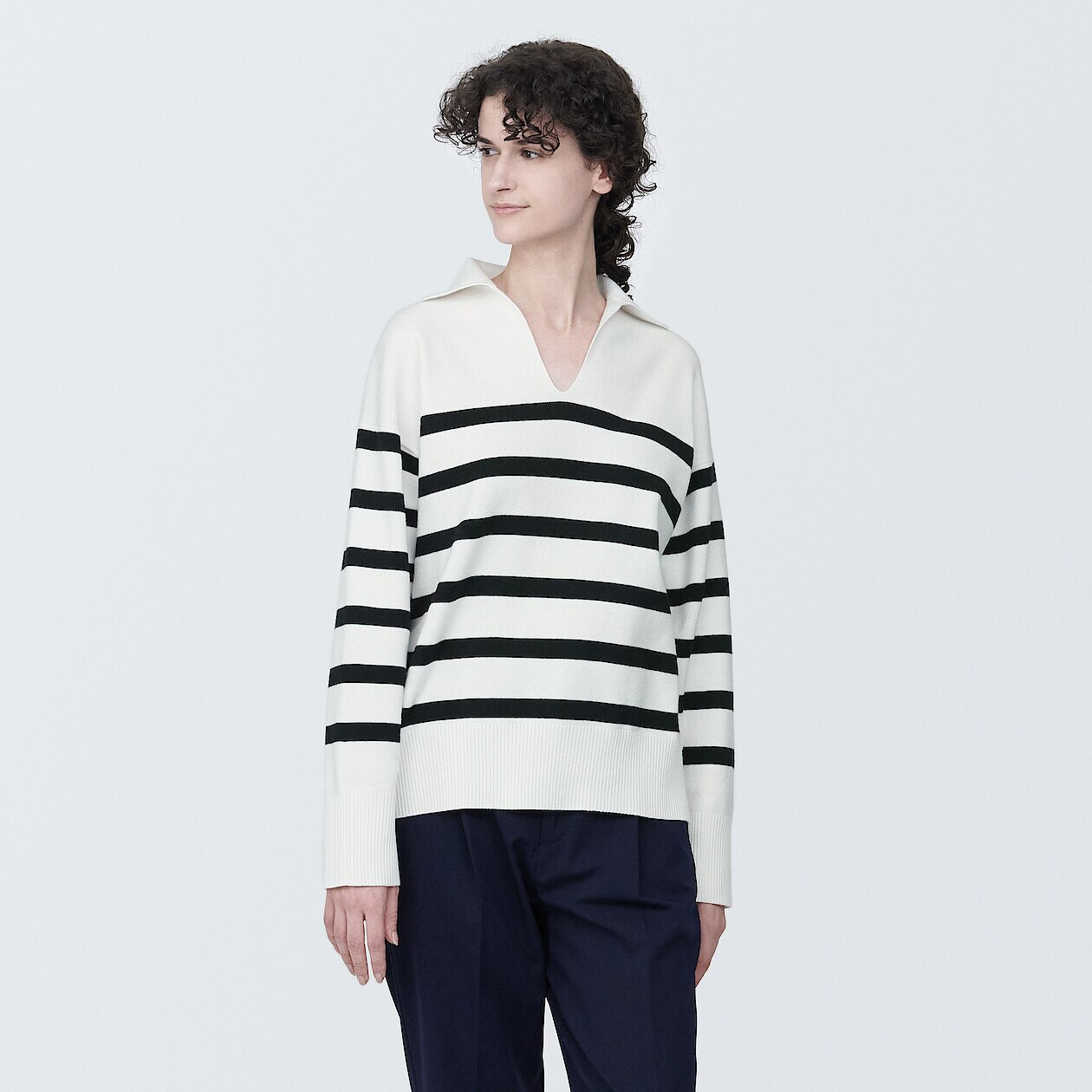 Women's Milano Rib V Neck Collar Jumper | MUJI
