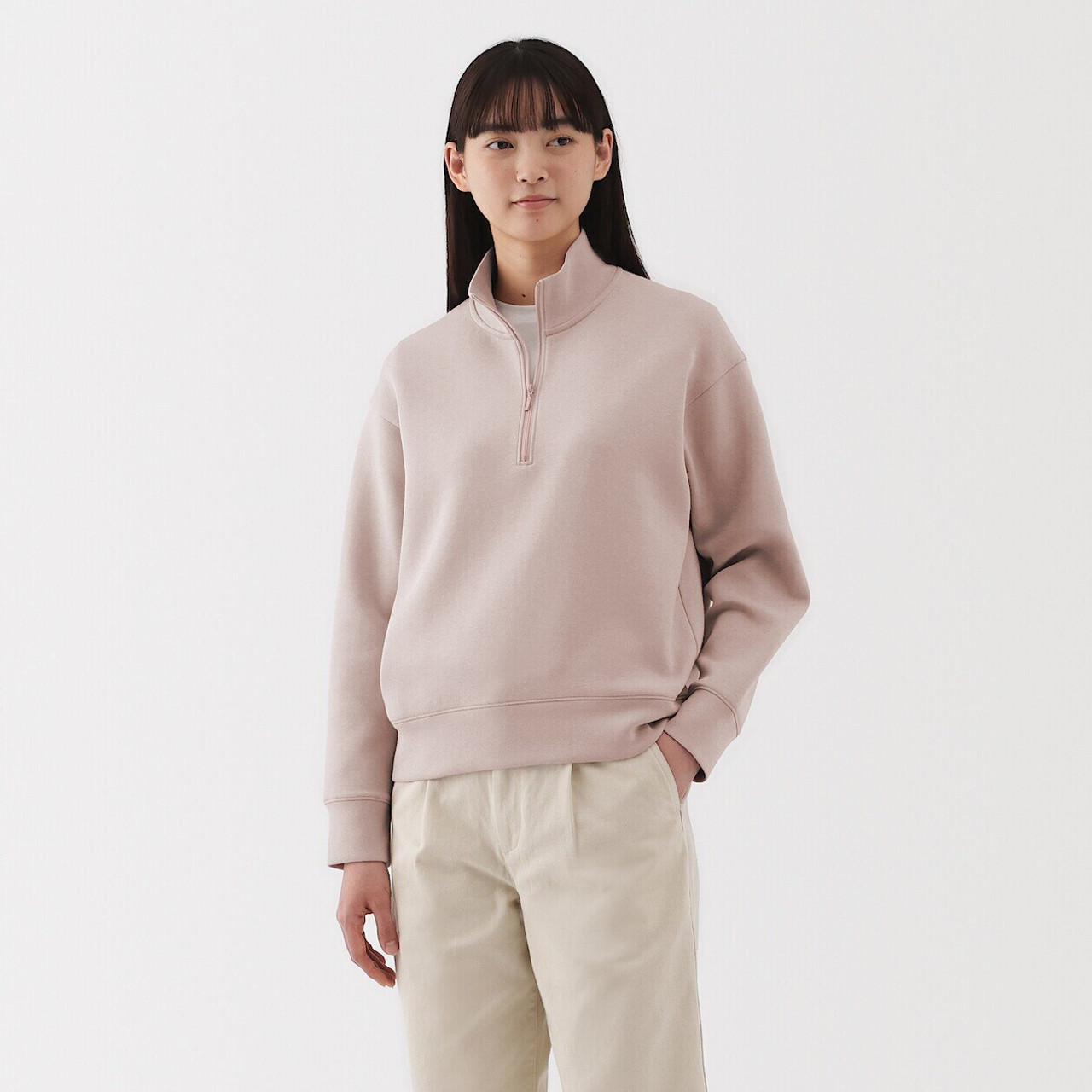 Women's Cotton Blend Double‐Knitted Half‐Zip Sweatshirt | MUJI