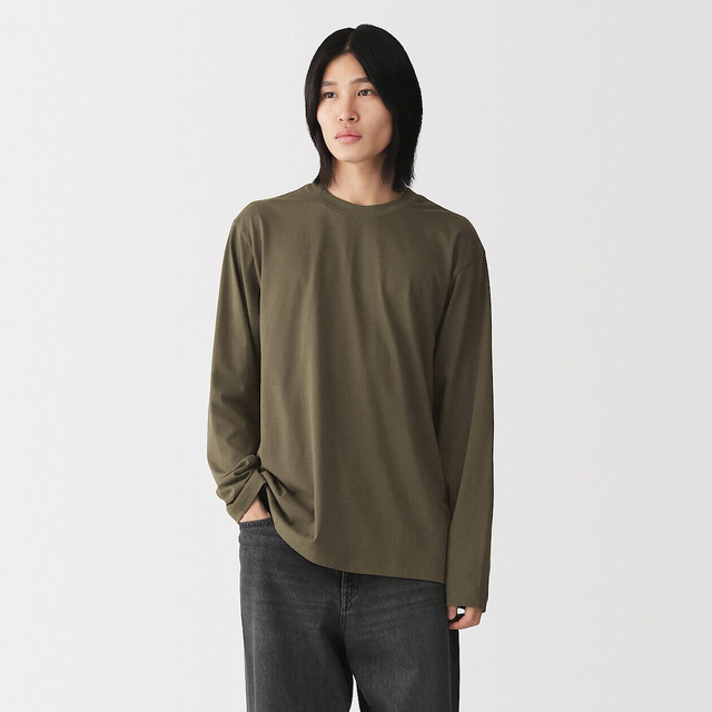 MUJI Europe — Men's Washed Jersey Long Sleeve T-shirt — Khaki Green