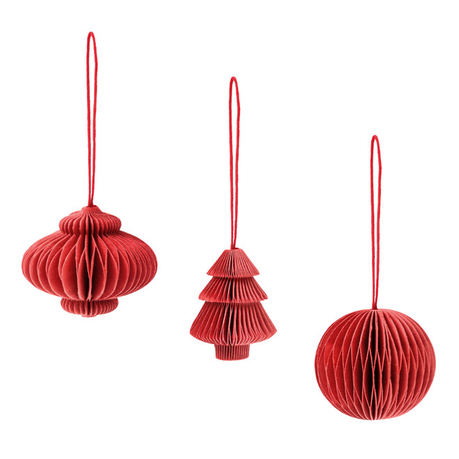 Recycled Cotton Honeycomb Decorations - Pack of 3, red