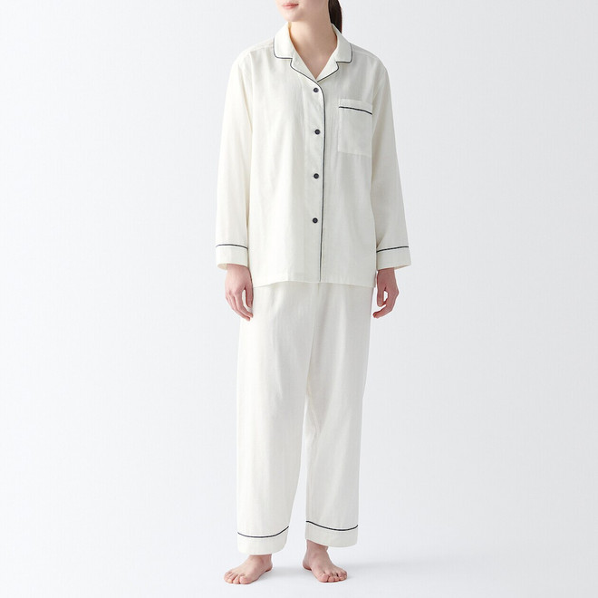 Women's Side Seamless Double Gauze Long Sleeve Collar Pyjamas‐ Contrast Trim