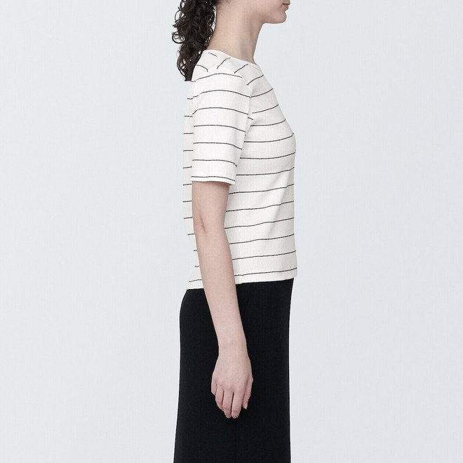 Women's Stretch Ribbed Boat Neck Short Sleeve T‐shirt
