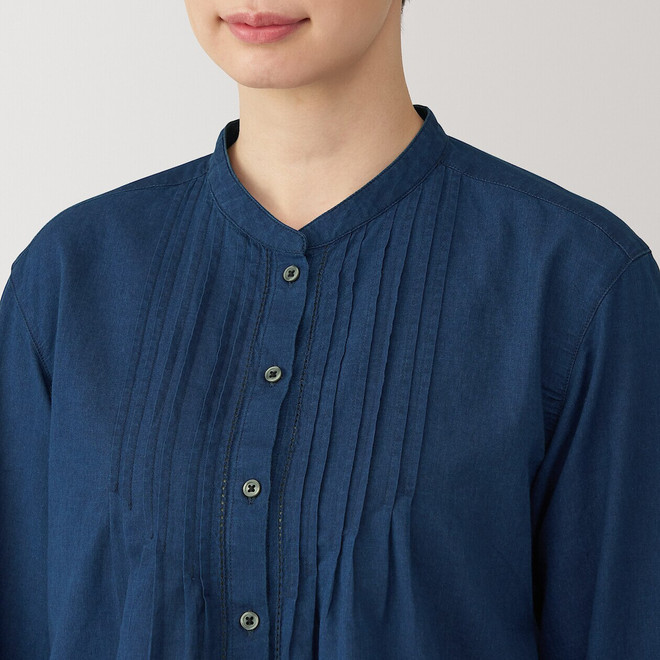 Women's Cotton Voile Collarless Long Sleeve Indigo Blouse