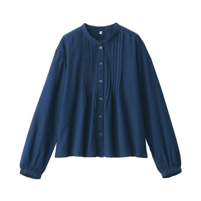 Women's Cotton Voile Collarless Long Sleeve Indigo Blouse