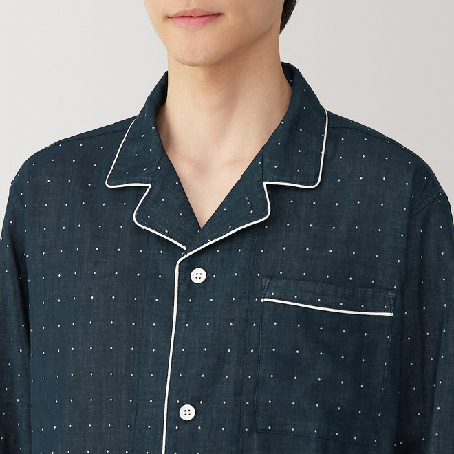 Pyjama sans couture latérale à double gaze et col à manches longues pour hommes 19348