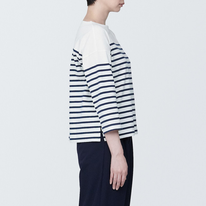 Thick Cotton Boat Neck Long Sleeve T‐shirt‐ Stripe | MUJI