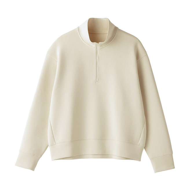 トップス Cloveru MUJI CREW25 SandBrown XL Women's Cotton Blend Double‐Knitted Half‐Zip Sweatshirt | MUJI